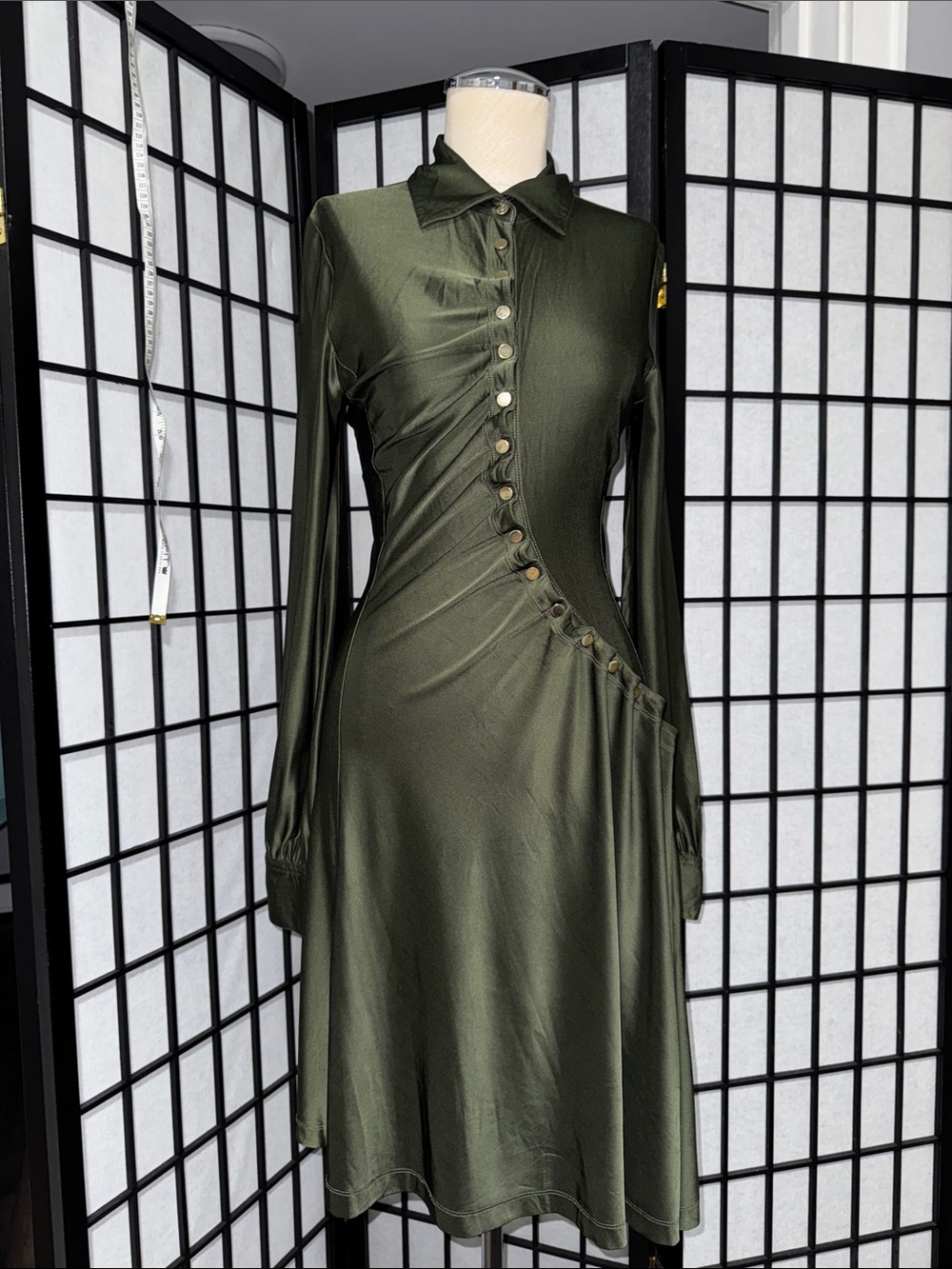 Rabanne Robe Asymmetrical Button Detail Dress – Olive Green – Size US 4 (FR 38) - Picture 10 of 17